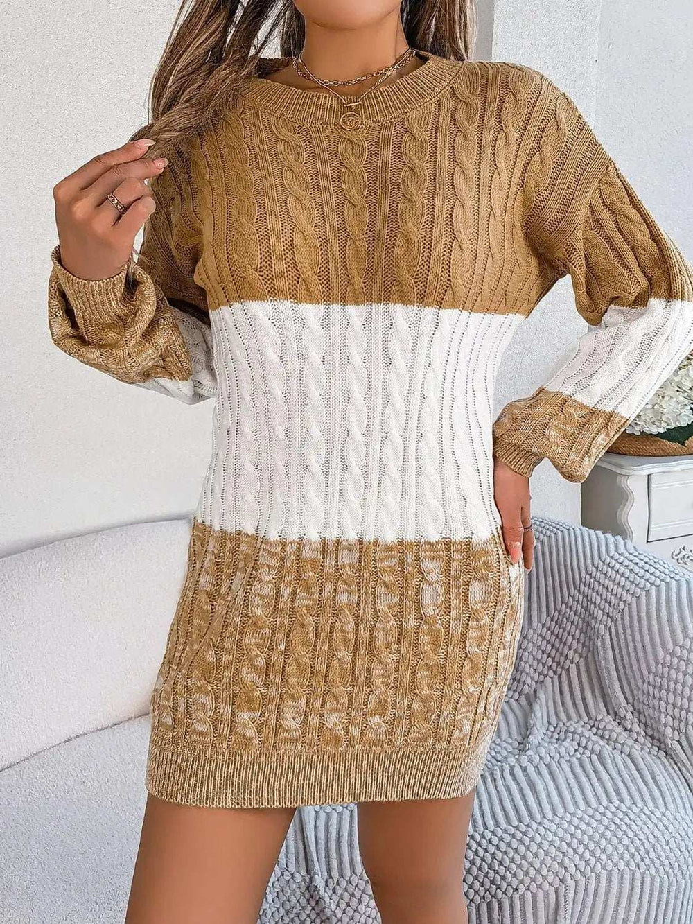 Cable-Knit Round Neck Color Block Sweater Dress - Trendsi - Flyclothing LLC