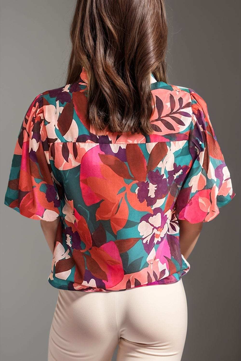 Printed Notched Puff Sleeve Blouse - Trendsi - Flyclothing LLC