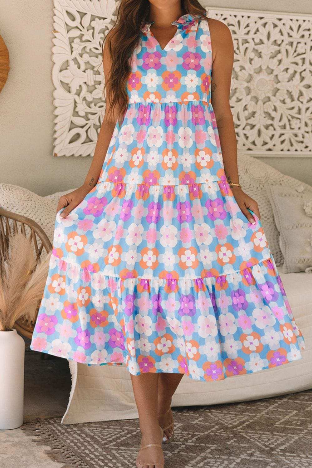 Floral Print Sleeveless Tiered Midi Dress - Trendsi - Flyclothing LLC