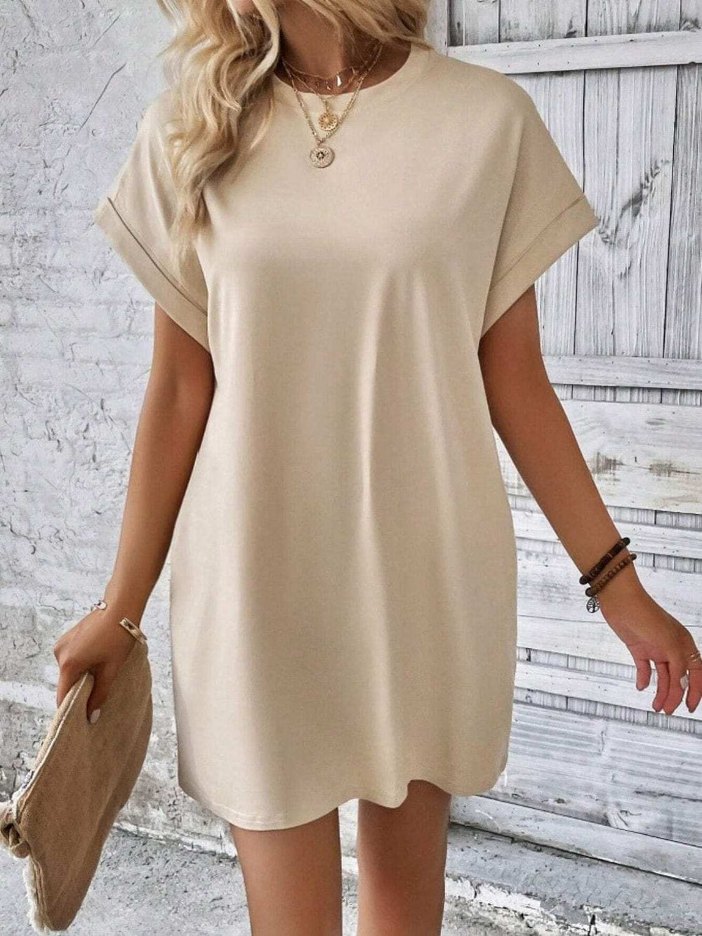 Pocketed Round Neck Short Sleeve Dress - Trendsi - Flyclothing LLC