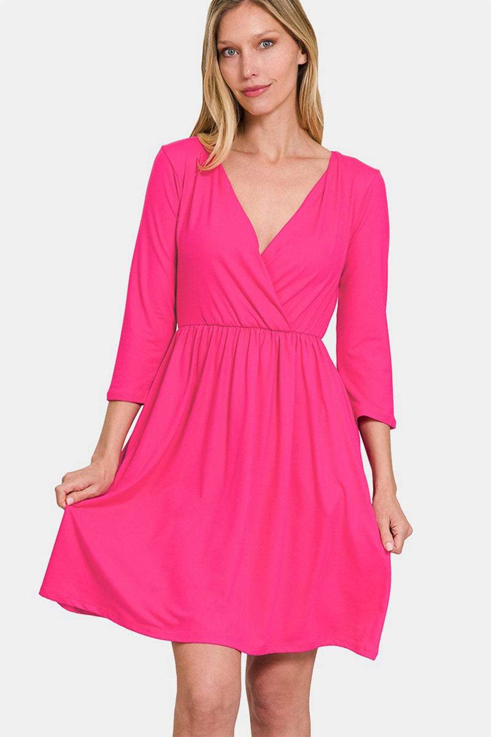 Zenana Three-Quarter Sleeve Surplice Dress with Pockets - Trendsi - Flyclothing LLC