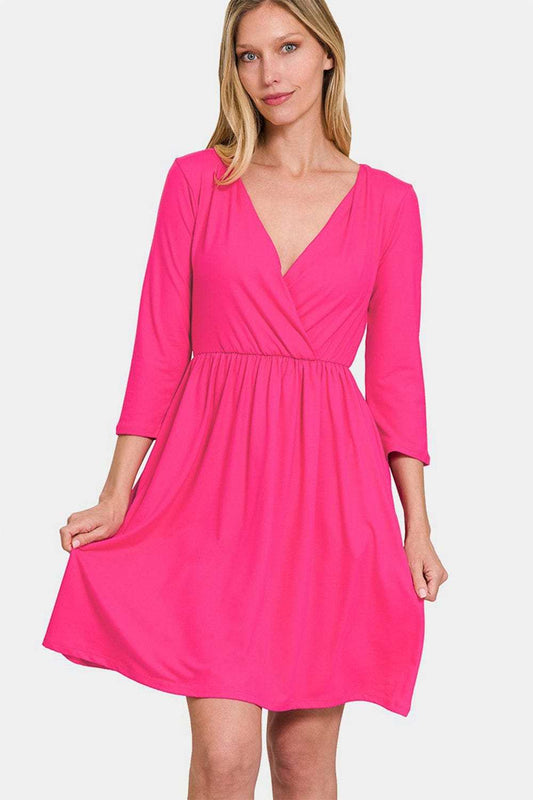 Zenana Three-Quarter Sleeve Surplice Dress with Pockets - Trendsi - Flyclothing LLC