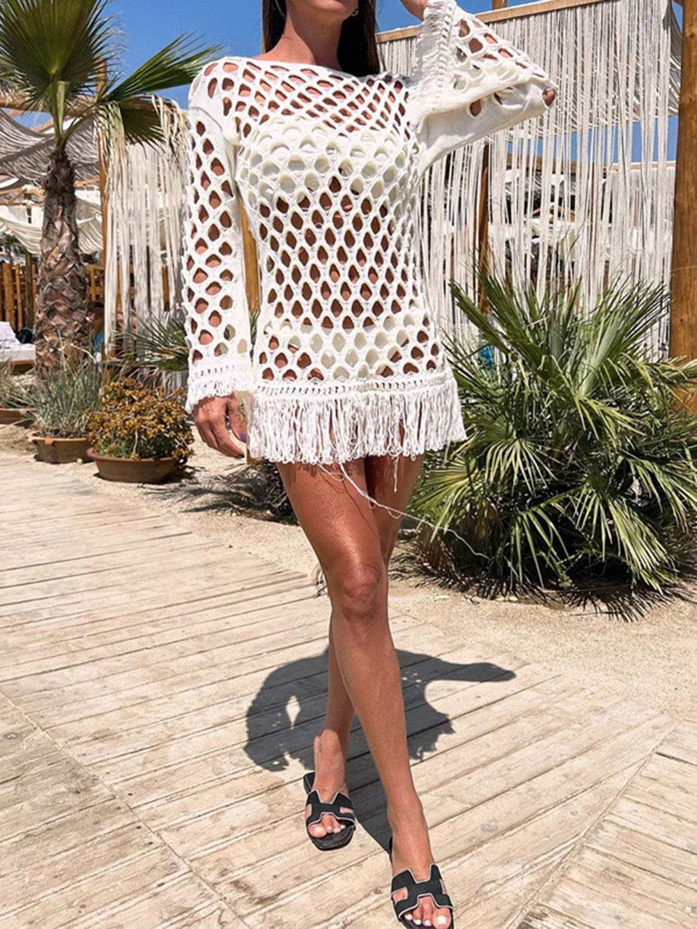 Fringe Cutout Long Sleeve Cover Up - Trendsi - Flyclothing LLC
