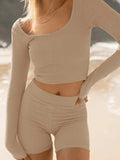 Scoop Neck Long Sleeve Top and Shorts Set - Trendsi - Flyclothing LLC