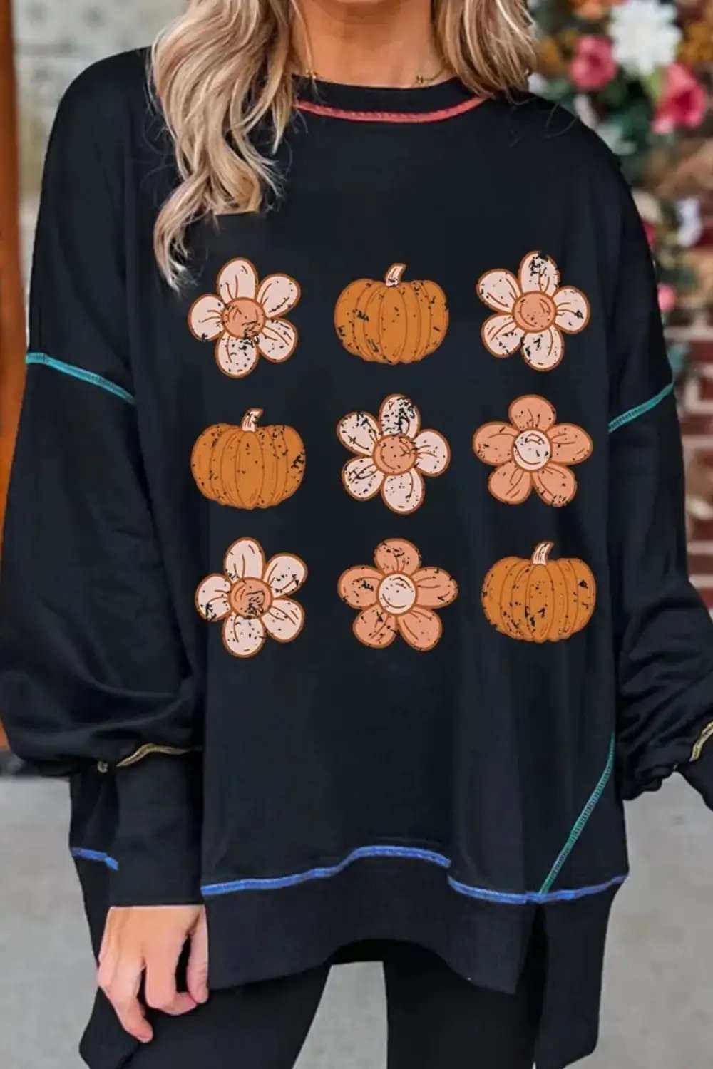 Pumpkin & Flower Graphic Long Sleeve Sweatshirt - Trendsi - Flyclothing LLC