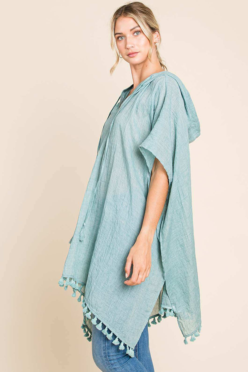 Cotton Bleu by Nu Label Tassel Hem Hooded Cover Up - Trendsi - Flyclothing LLC