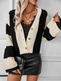 Waffle-Knit V-Neck Striped Long Sleeve Cardigan - Trendsi - Flyclothing LLC