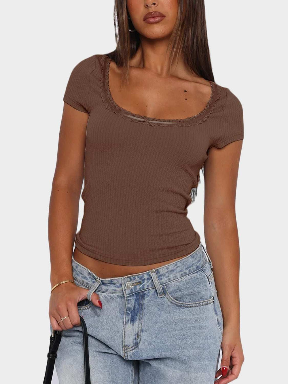 Lace Detail Scoop Neck Short Sleeve T-Shirt - Trendsi - Flyclothing LLC
