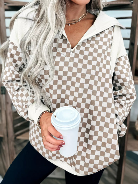 Checkered Quarter Zip Sweatshirt - Trendsi - Flyclothing LLC