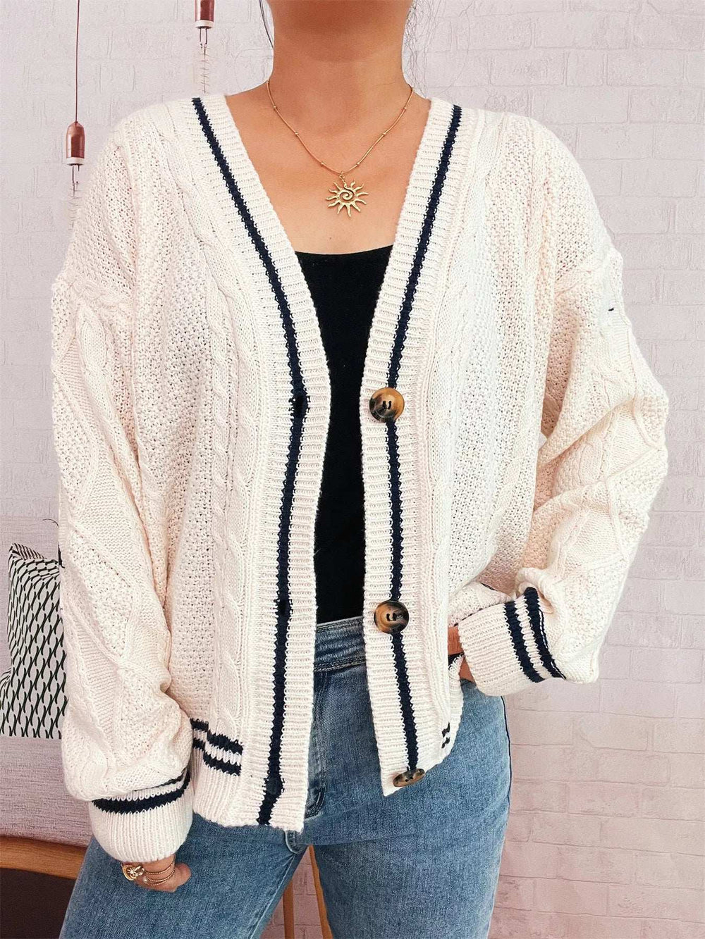 Star Pattern Button-Up Cardigan with Contrast Trim - Trendsi - Flyclothing LLC