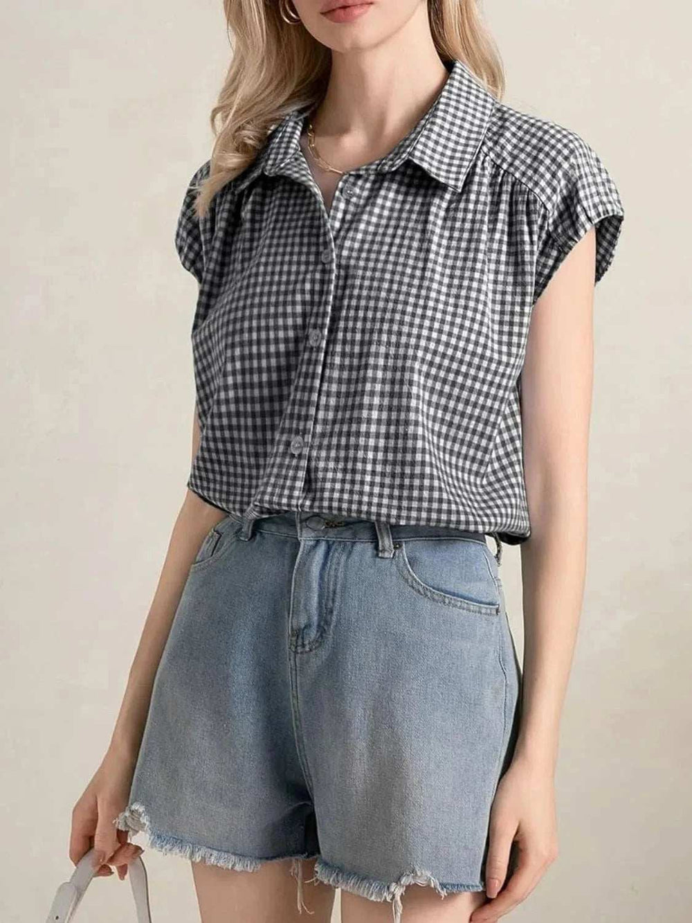 Plaid Button Up Cap Sleeve Shirt - Trendsi - Flyclothing LLC