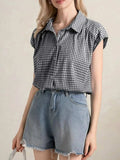 Plaid Button Up Cap Sleeve Shirt - Trendsi - Flyclothing LLC