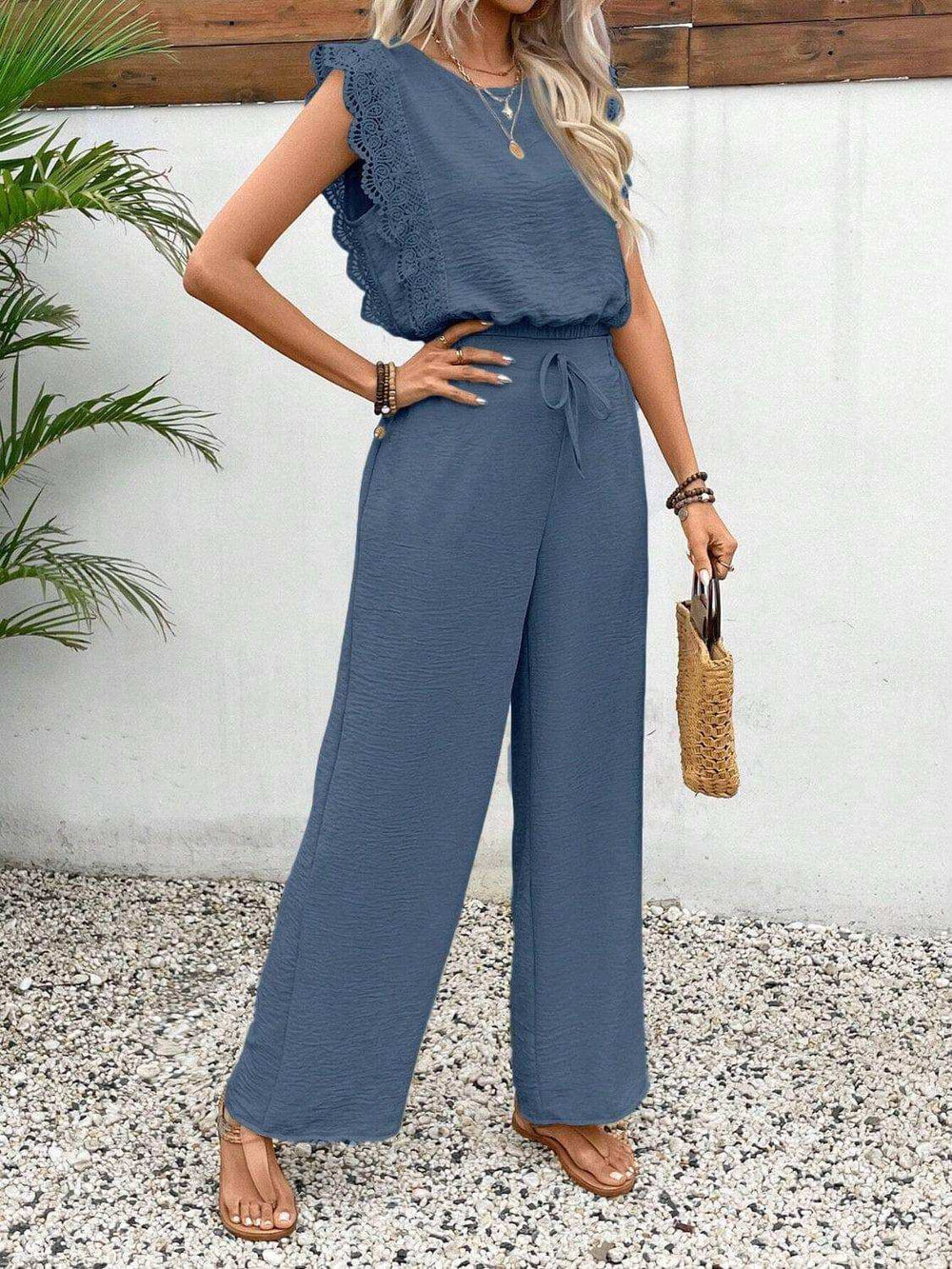 Lace Trim Round Neck Top and Pants Set - Trendsi - Flyclothing LLC