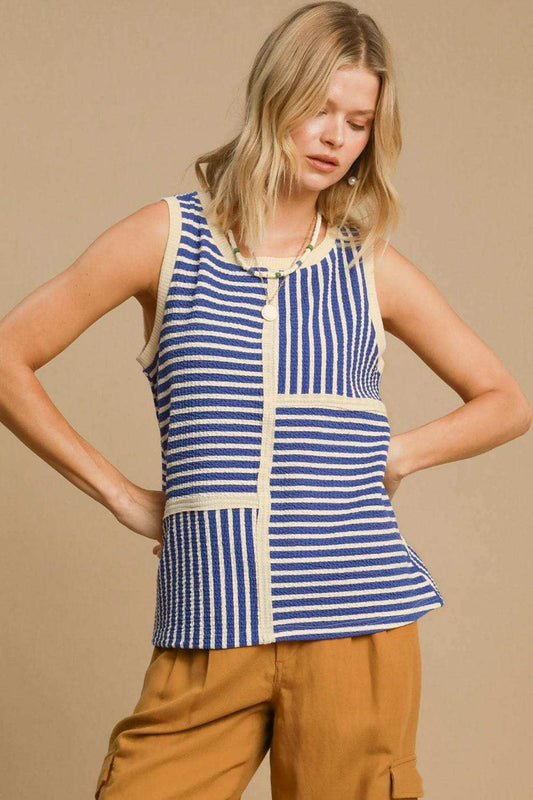 Umgee Round Neck Texture Striped Tank - Trendsi - Flyclothing LLC