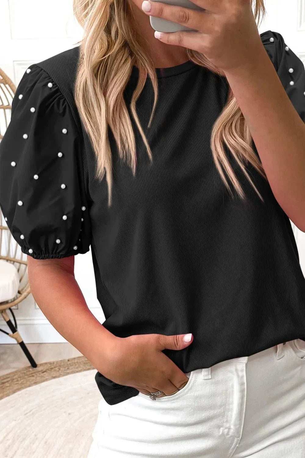 Pearl Detail Round Neck Short Sleeve Blouse - Trendsi - Flyclothing LLC