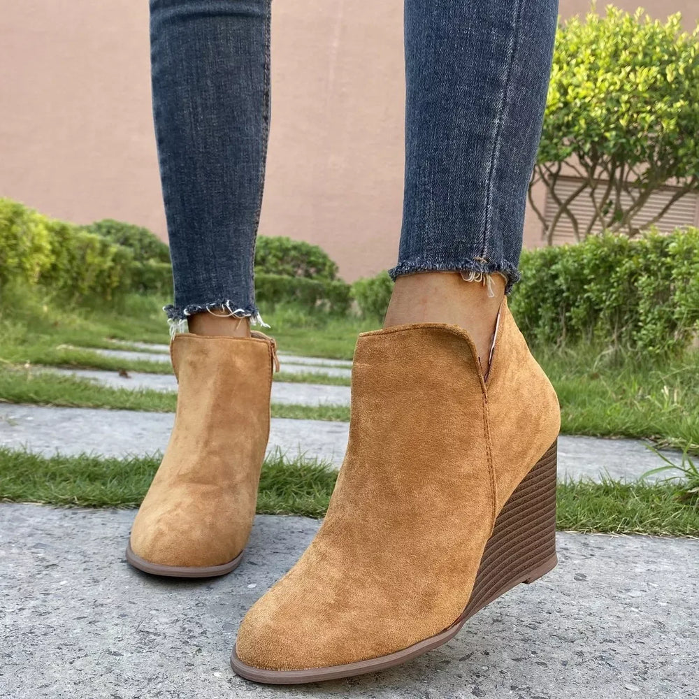 Round Toe Wedge Ankle Boots - Trendsi - Flyclothing LLC