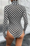 Checkered Turtleneck Long Sleeve Bodysuit - Trendsi - Flyclothing LLC