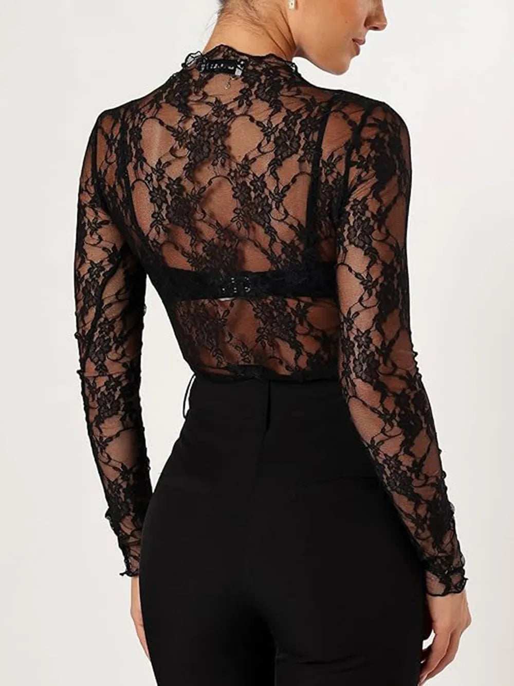 Floral Mock Neck Long Sleeve Mesh Top - Trendsi - Flyclothing LLC