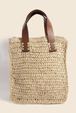 Fame Faux Leather Handle Straw Braided Handbag - Trendsi - Flyclothing LLC