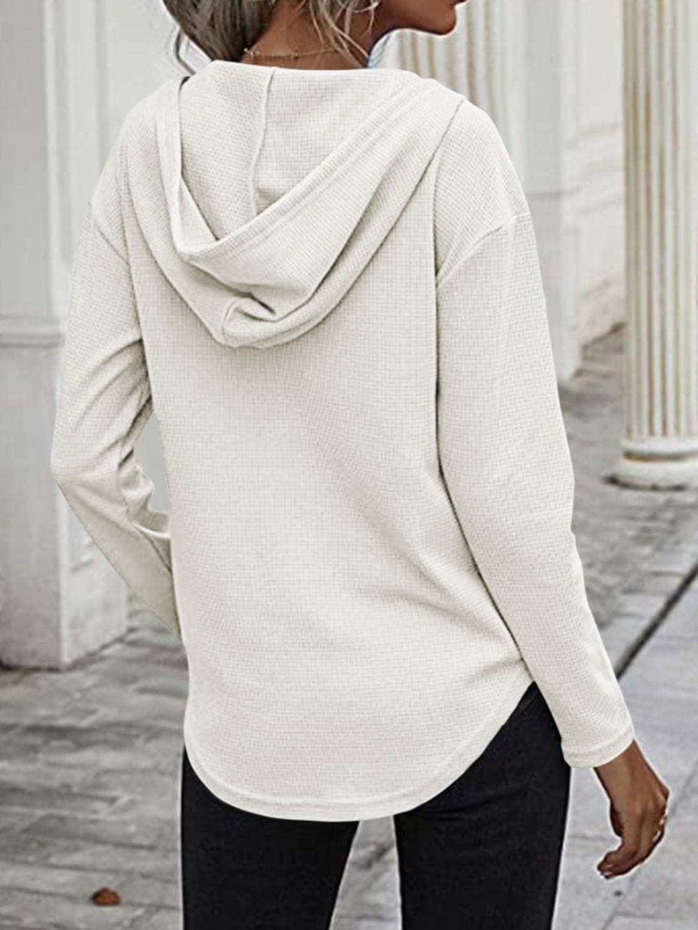 Drawstring Waffle Knit Long Sleeve Hooded Top - Trendsi - Flyclothing LLC