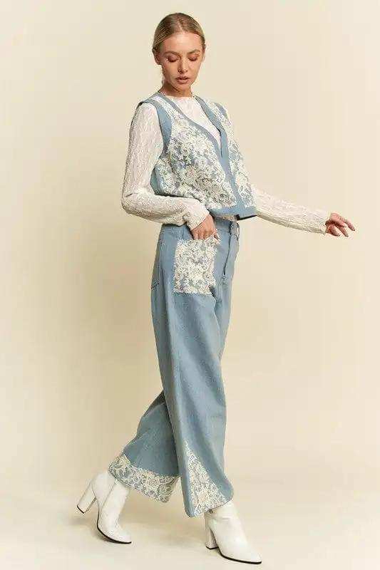 Davi & Dani Lace Patch Open Front Denim Vest - Trendsi - Flyclothing LLC