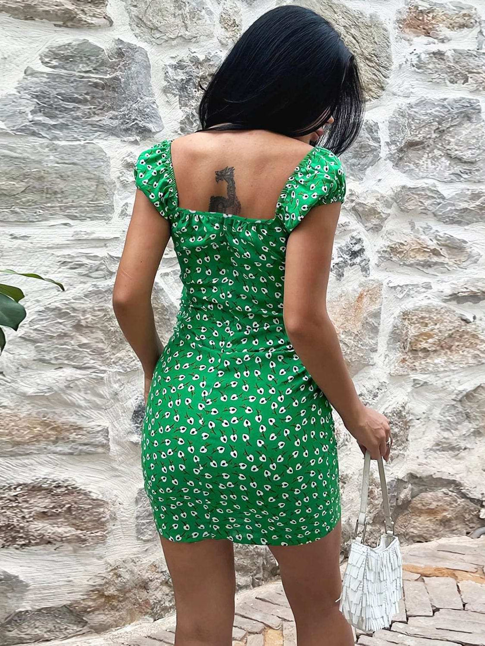 Printed V-Neck Short Sleeve Mini Dress - Trendsi - Flyclothing LLC