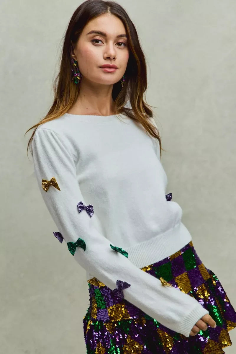 SO ME Mardi Gras Glitter Bow Ribbon Sweater Knit Top - Trendsi - Flyclothing LLC