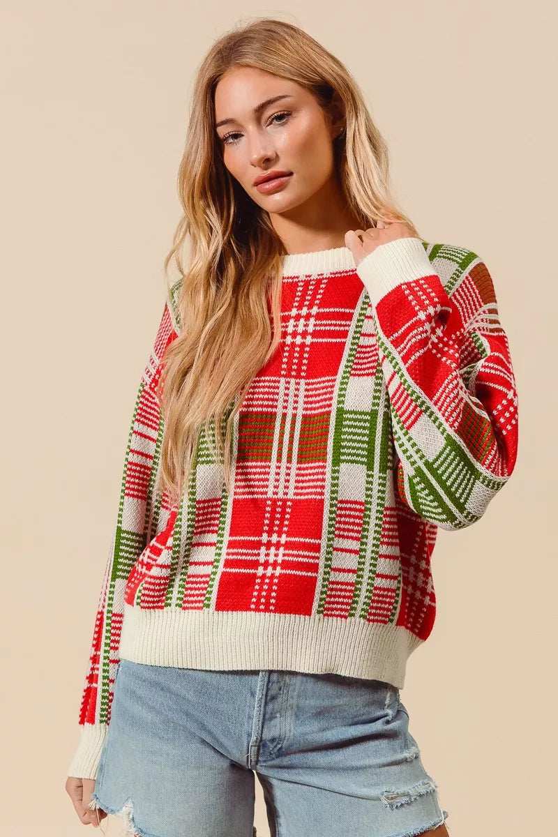 SO ME Christmas Color Checkered Plaid Crew Neck Sweater - Trendsi - Flyclothing LLC