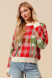 SO ME Christmas Color Checkered Plaid Crew Neck Sweater - Trendsi - Flyclothing LLC