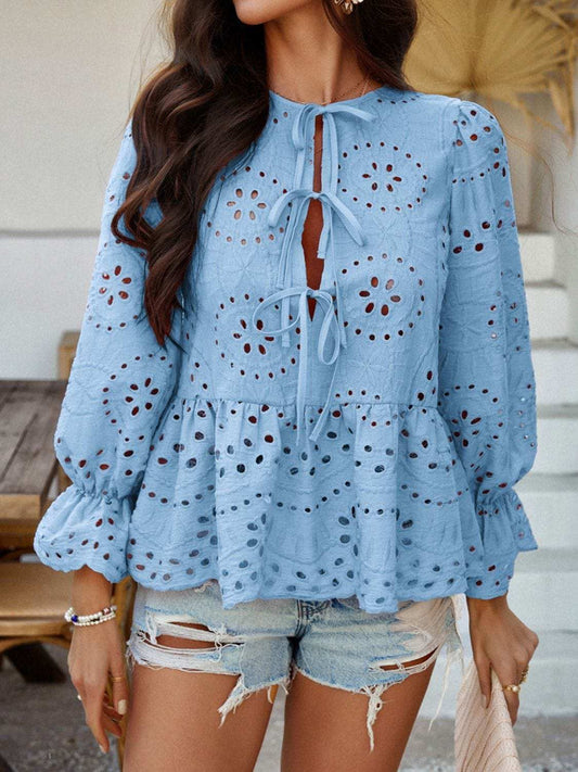 Devine Tie Front Flounce Sleeve Peplum Blouse - Trendsi - Flyclothing LLC