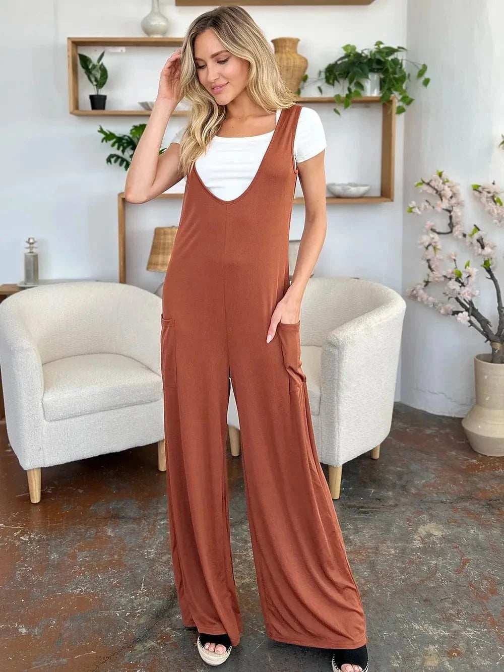 Double Take Full Size Sleeveless Wide Leg Jumpsuit with Pockets - Trendsi - Flyclothing LLC