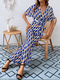 Printed Surplice Tie Waist Short Sleeve Jumpsuit - Trendsi - Flyclothing LLC