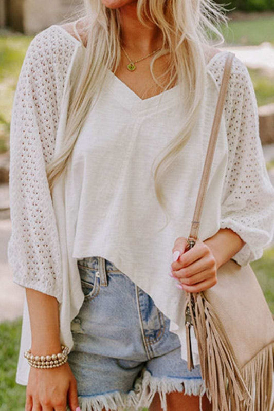 Openwork High Low Hem V Neck Oversized Top - Trendsi - Flyclothing LLC