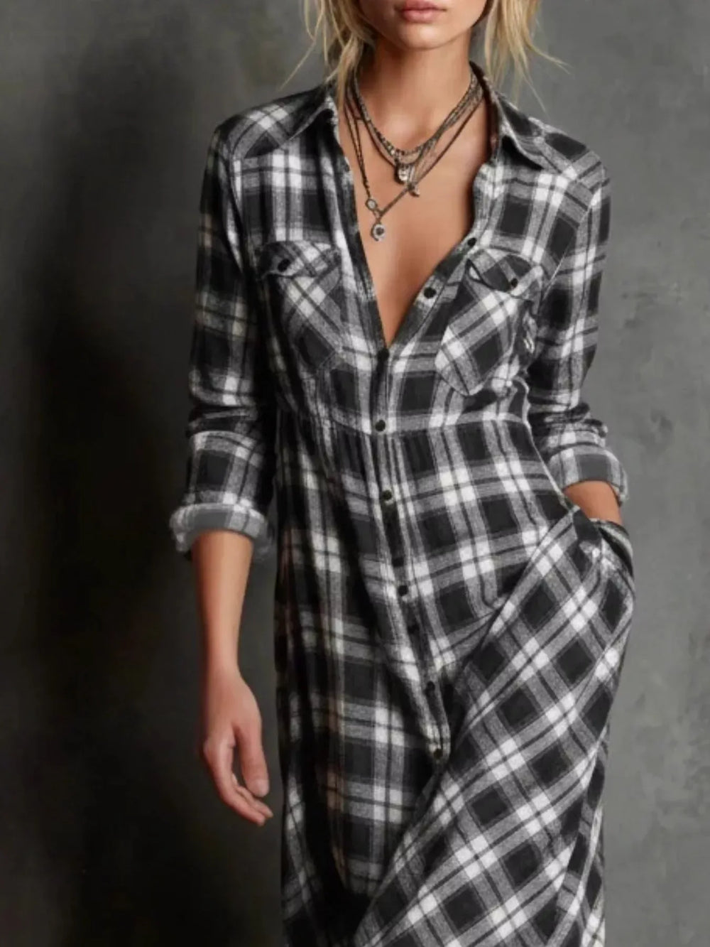 Full Size Plaid Button-Down Maxi Dress Plus Size - Trendsi - Flyclothing LLC