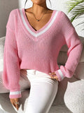 Contrast Trim V-Neck Long Sleeve Sweater - Trendsi - Flyclothing LLC