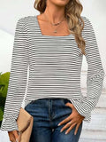 Striped Square Neck Flounce Sleeve Top - Trendsi - Flyclothing LLC