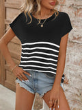Striped Round Neck Short Sleeve Knit Top - Trendsi - Flyclothing LLC