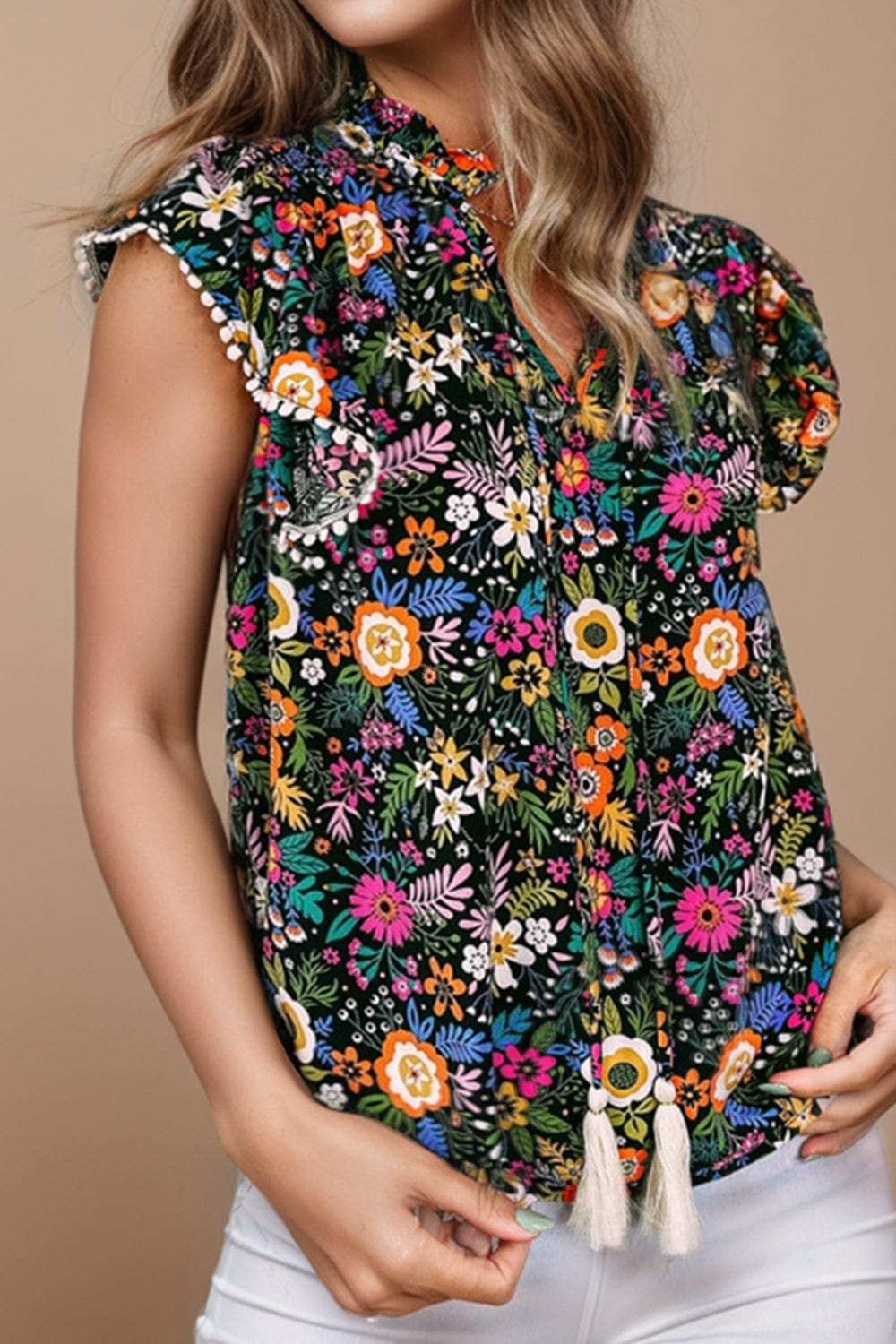 Tassel Printed Cap Sleeve Blouse - Trendsi - Flyclothing LLC