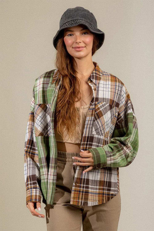 Plaid Collared Neck Long Sleeve Shirt - Trendsi - Flyclothing LLC