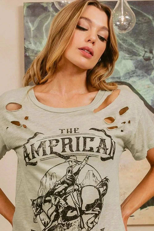 BiBi Cotton Slub Laser Top American Cow Boy Graphic - Trendsi - Flyclothing LLC