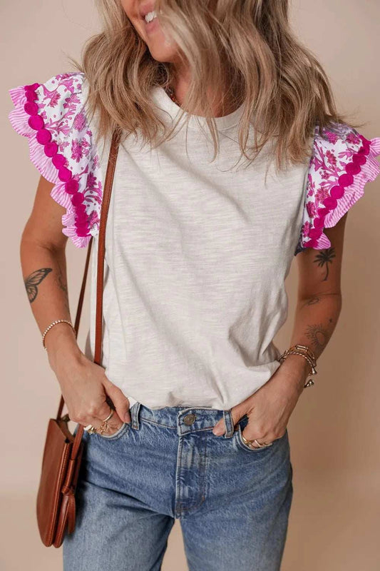Ruffled Round Neck Cap Sleeve Blouse - Trendsi - Flyclothing LLC