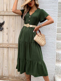 Tiered Notched Short Sleeve Midi Dress - Trendsi - Flyclothing LLC