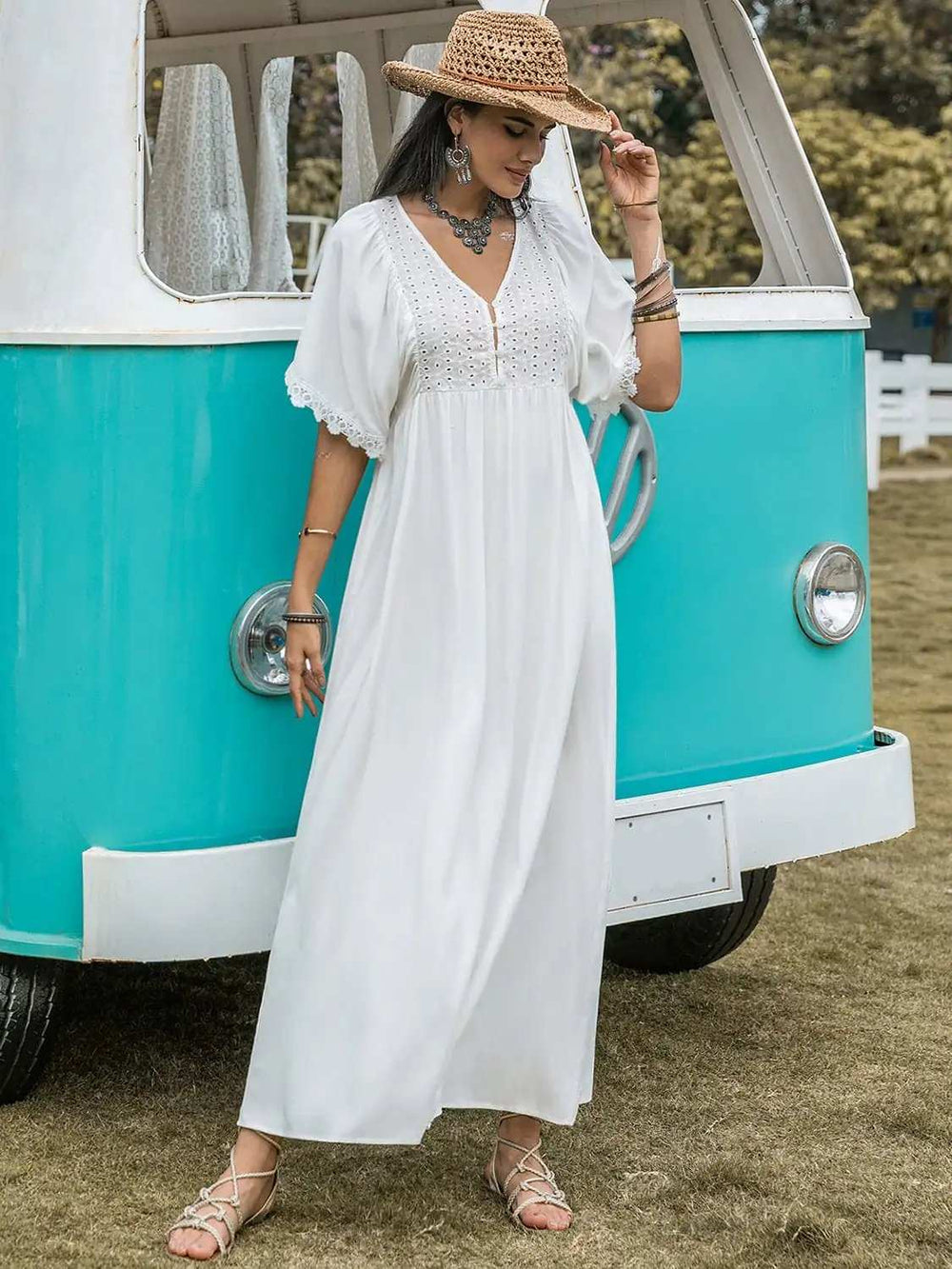 Lace Detail Eyelet V-Neck Half Sleeve Dress - Trendsi - Flyclothing LLC