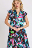 Umgee Full Size Leaf Print Double Layered Ruffle Sleeve Tiered Midi Dress Plus Size - Trendsi - Flyclothing LLC