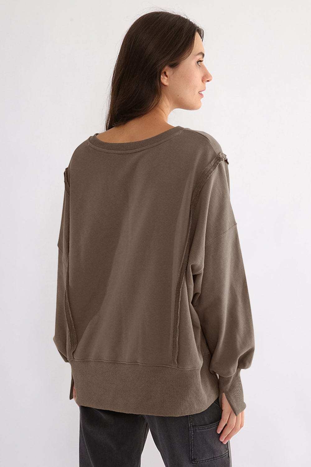 Exposed Seam High-Low Long Sleeve Sweatshirt - Trendsi - Flyclothing LLC
