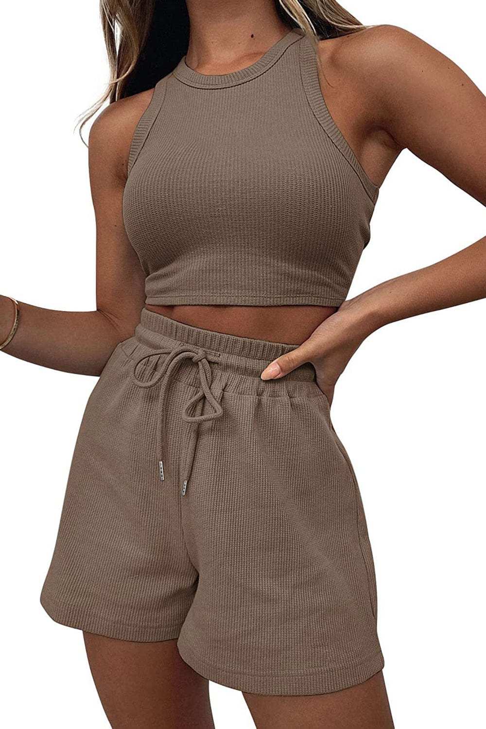 Round Neck Top and Drawstring Shorts Set - Trendsi - Flyclothing LLC