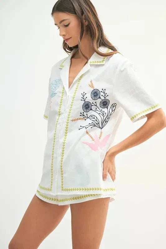 MABLE Embroidered Button Down Shirt and Shorts Set - Trendsi - Flyclothing LLC