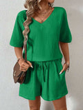 V-Neck Half Sleeve Top and Shorts Set - Trendsi - Flyclothing LLC