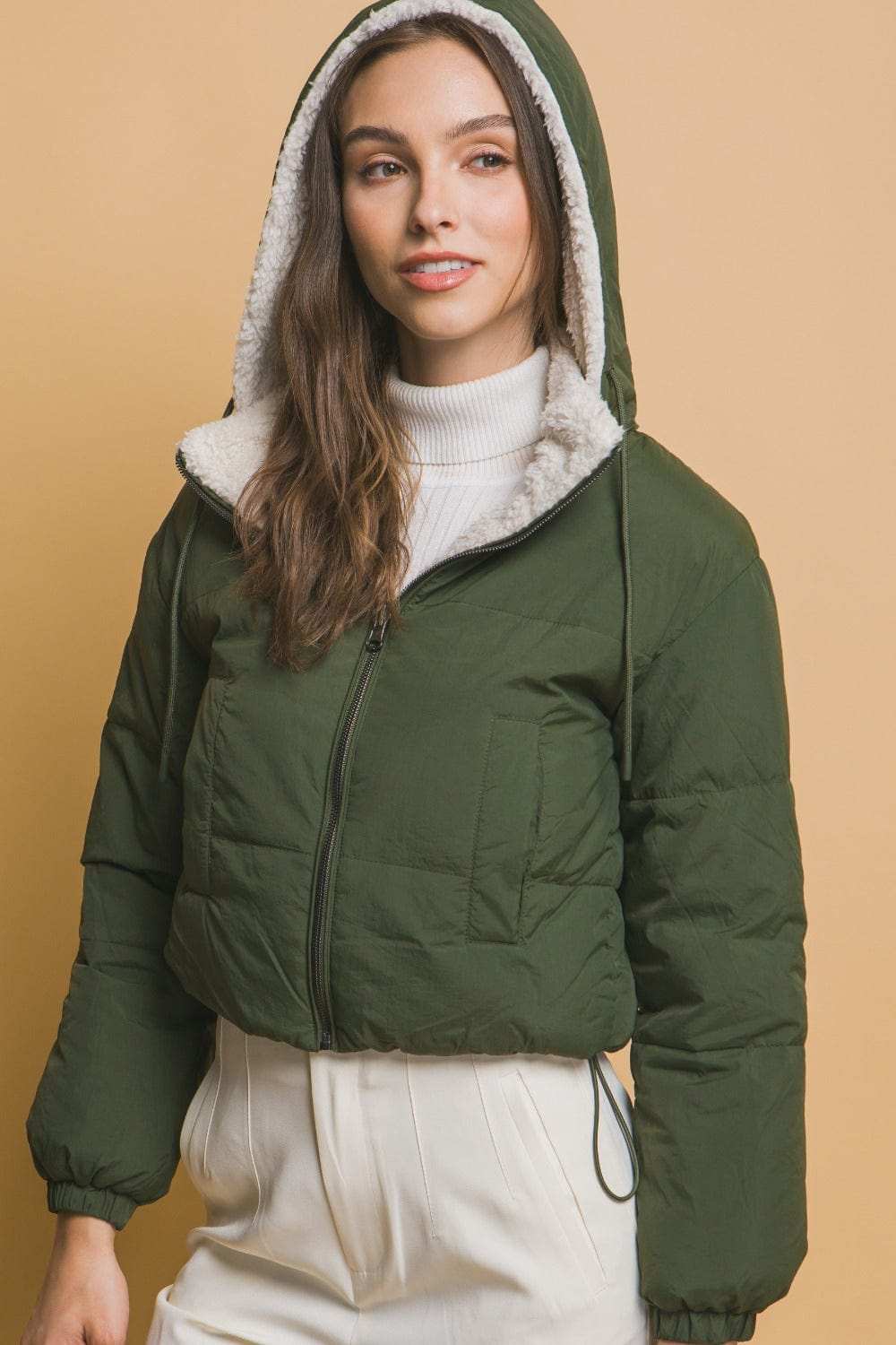 Love Tree Zip Up Cropped Hooded Sherpa Reversible Jacket - Trendsi - Flyclothing LLC