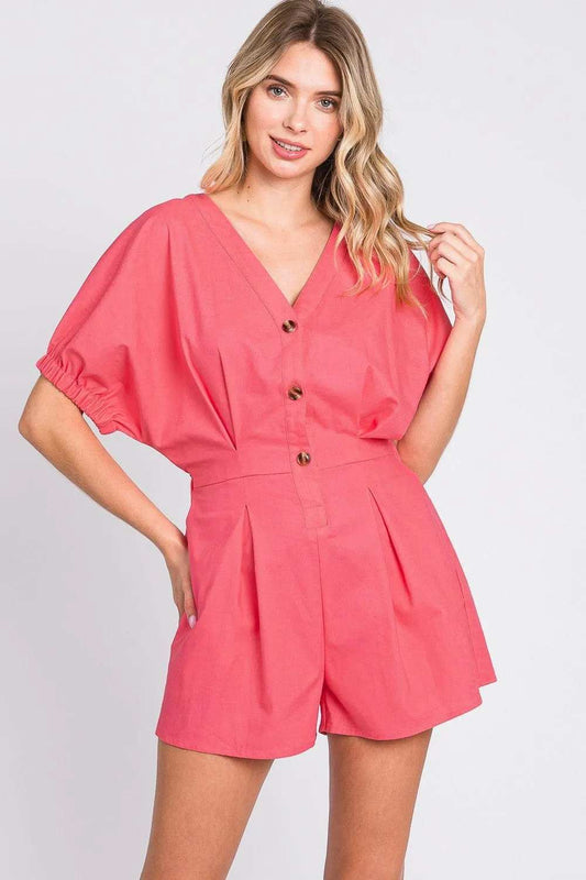 GeeGee Half Button V-Neck Linen Romper - Trendsi - Flyclothing LLC